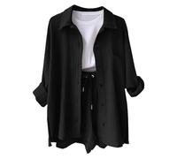 2026 Camicia casual da donna a maniche lunghe con spacchi laterali e tasca, versatile top basic per primavera estate autunno, abbigliamento quotidiano, outfit per appuntamenti in spiaggia (Black, M)
