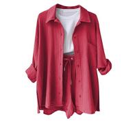 2026 Camicia casual da donna a maniche lunghe con spacchi laterali e tasca, versatile top basic per primavera estate autunno, abbigliamento quotidiano, outfit per appuntamenti in (Watermelon Red, S)