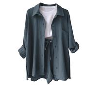 2026 Camicia casual da donna a maniche lunghe con spacchi laterali e tasca, versatile top basic per primavera estate autunno, abbigliamento quotidiano, outfit per appuntamenti in spiaggia (Navy, XL)
