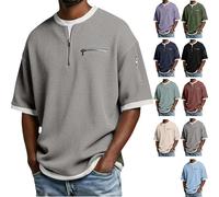 2026 Camicia casual da uomo alla moda con colletto alto a contrasto con cerniera a maniche corte camicia a nido d'ape con mezza zip Slim Fit Top Pullover, Grigio, L