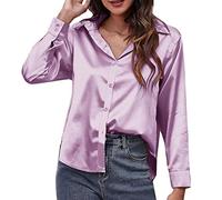 2026 - Camicia di raso da donna in seta imitazione a maniche lunghe camicia europea americana abbigliamento di frontiera donna camicetta chiffon nero, Lilla, XL