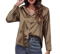 2026 Camicia di raso da donna in seta imitazione camicia a maniche lunghe europea americana abbigliamento di frontiera, cachi, L