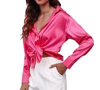 2026 - Camicia di raso da donna in seta imitazione camicia a maniche lunghe europea e americana frontiera del commercio estero Abbigliamento da donna con glitter, rosa intenso, XXL