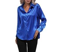 2026 camicia estiva camicia in raso da donna camicia a maniche lunghe in finta seta primavera estate abbigliamento femminile americano europeo, Blu, XXL