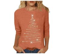 2026 - Camicia natalizia da donna, con stampa albero scintillante, maniche a quarto, Arancione, M