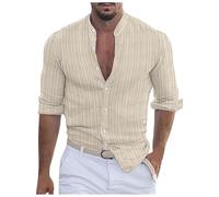 2026 Camicie da Uomo Tinta unita e Lino a righe Jacquard Casual Camicia a maniche larghe Camicia Europea Business Trend Top Estate, Beige, L