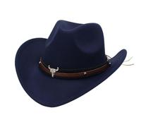 2026 - Cappello in stile cowboy occidentale, cappello da bowler jazz, decorazione testa di mucca, stile etnico, cappello film d'amore gratuito, Blu marino, S
