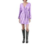 2026 Carnevale 2024 Mini abito avvolgente da donna con paillettes con scollo a V maniche lunghe a sbuffo scintillante vestito da festa, Viola chiaro, S