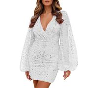 2026 Carnevale Vestito da Donna Profondo Scollo a V Paillettes Manica Lunga Vita Slim Mini Swing Solid Wine Party, bianco, XL