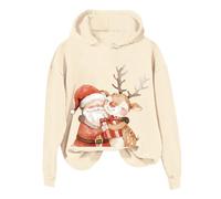 2026 Chris 2024 Christmas Santa Hugging Deer Print Felpa con cappuccio da donna, Beige, XL