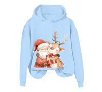 2026 Chris 2024 Christmas Santa Hugging Deer Print Felpa con cappuccio da donna, blu cielo, XL