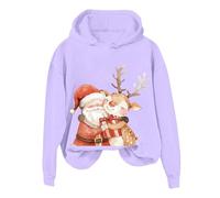 2026 Chris 2024 Christmas Santa Hugging Deer Print Felpa con cappuccio da donna, Viola, XL