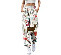 2026 Chris - Pantaloni natalizi da donna, con coulisse, comodi e larghi, a vita alta, con tasche, bianco, L