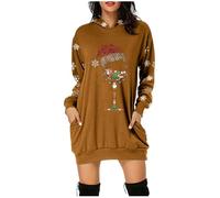 2026 Christ Ladies Happy Christmas Wine Glass Print Pullover Hoodie Dress, Marrone, XXL