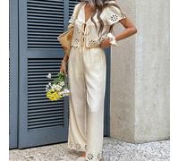 2026 Completo da donna composto da top a maniche a palloncino con ricamo e taglio laser a tinta unita e pantaloni lunghi, set in stile francese con top a maniche corte ricamato a giorno e pantaloni a 
