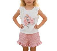 2026 - Completo da ragazza con top e pantaloncini in tessuto di cotone, per le giornate estive, con pantaloncini in due pezzi, stampa floreale, gamma di colori disponibili rosa, rosa, 6-7 Anni