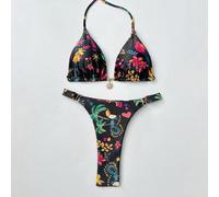 2026 Completo da spiaggia da donna, top con lacci e schiena scoperta, design asimmetrico con stampa, decorazione con pendente metallico a forma di sole, elegante bikini a due pezzi adatto per vacanze 