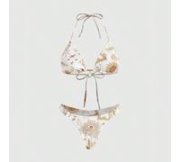 2026 Completo da spiaggia da donna, top con lacci e schiena scoperta, design con stampa a motivo irregolare, decorazione con pendente metallico a forma di sole, elegante bikini a due pezzi adatto per 