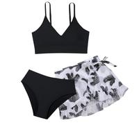 2026 - Costume da bagno da bambina in 3 pezzi, carino bikini con motivo floreale e gonna, costumi da bagno per bambini nuoto, Nero , 16-17 Jahre