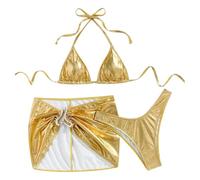 2026 Costume da bagno da donna alla moda senza schiena costume bikini con bretelle, tankini a tre pezzi con lacci mutandine dal taglio alto, gold, S