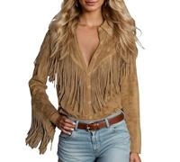 2026, costume da carnevale da donna, camicetta casual in stile bohémien con nappe frange, un top a maniche lunghe elegante e fluente con ricami, abbottonatura per l'uso quotidiano., marrone, XL