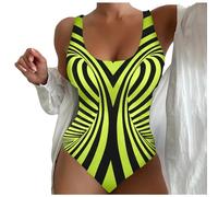 2026 Costumi da bagno da donna di grandi dimensioni figura modellante collo a U stampa a righe costumi da bagno sportivi con spalline larghe, Giallo, 5XL