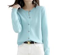 2026 Cream Cashmere Cardigans for Women Button up Open Front Crew Neck Sweaters Lightweight Long Sleeve Tops Cozy Outfits (Sky,L)