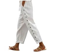 2026 - Donna tinta unita, vita elastica, decorazione laterale con bottoni, versatile, pantaloni casual da donna, bianco, L
