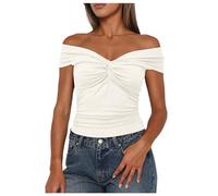 2026 Donne Estate Nodo Anteriore Off La Spalla Canotte Top Manica Ad Aletta Slim Aderente Camicie, bianco, L