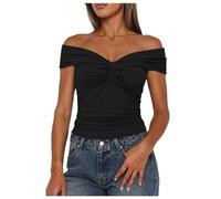 2026 Donne Estate Nodo Anteriore Off La Spalla Canotte Top Manica Ad Aletta Slim Aderente Camicie, Nero , L