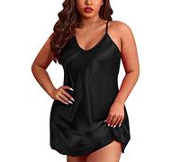 2026 Donne Pizzo Camicia Da Notte Set Lingerie Raso Notte Slip Sonno Sleepwear Pigiama, Nero , 5XL