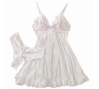 2026 Donne Pizzo Strappy Maglia Luce Scollo A V Colore Camicia Da Notte E Lingerie Set, bianco, XXL