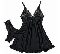2026 Donne Pizzo Strappy Maglia Luce Scollo A V Colore Camicia Da Notte E Lingerie Set, Nero , XL