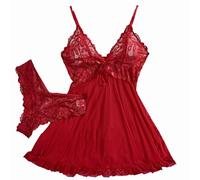 2026 Donne Pizzo Strappy Maglia Luce Scollo A V Colore Camicia Da Notte E Lingerie Set, Rd1., XXL