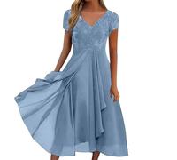 2026 Elegante Abito con Colletto in Chiffon e Inserti in Pizzo, Perfetto per Un'Occasione Informale da o Come Abito da invitata a Una Festa. (Sky Blue, L)