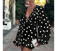 2026 Elegante abito da donna per San Valentino, abito avvolgente mini con pois alla moda e sensuale, scollo a V profondo, maniche lunghe, elegante e casual, in tessuto lavorato, adatto per vacanze L,M