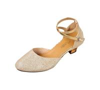 2026 Eleganti scarpine da danza latina, decorate con un fiocco glitterato sul davanti, con suola morbida e imbottita e fibbia sicura., oro, 42 EU
