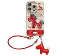 2026 Embroidered Pony Lanyard New Year Phone Case for iPhone 17/16/15/14/13/12 Plus Pro Max Series, Year of The Horse Cute Horse Red Phone Case with Lanyard, Anti-Drop (12 PRO,Silver + Lanyard)