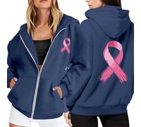 2026 Felpa da donna con cappuccio in pile con zip e consapevolezza del cancro al seno, mese a maniche lunghe, con coulisse, casual, da indossare tutti i giorni, Marina Militare, L