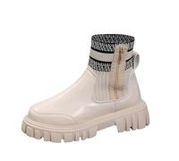 2026 Fondo Spessore Testa Rotonda Elastico Lavorato A Maglia Splicing Donna Europeo e America Grandi Calzini Caldi Stivali Caviglia, Beige, 39.5 EU