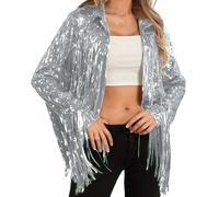 2026 Giacca da mezza stagione da donna elegante e casual con frange paillettes, cappotto scintillante per abiti da sera quotidiani, argento, L