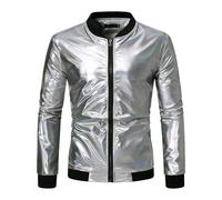 2026 Giacca da mezza stagione da uomo con paillettes giacca da uomo a maniche lunghe, con cerniera, giacca glitterata da discoteca, argento, XXL