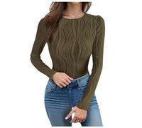 2026 Going Out Tops for Women Long Sleeve Shirts Crew Neck Solid Crop Tight Tops Ribbed Blouses Casual Clothing, verde, L