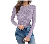 2026 Going Out Tops for Women Long Sleeve Shirts Crew Neck Solid Crop Tight Tops Ribbed Blouses Casual Clothing, Lilla, XXL