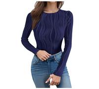 2026 Going Out Tops for Women Long Sleeve Shirts Crew Neck Solid Crop Tight Tops Ribbed Blouses Casual Clothing, Blu marino, M