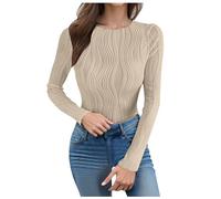 2026 Going Out Tops for Women Long Sleeve Shirts Crew Neck Solid Crop Tight Tops Ribbed Blouses Casual Clothing, beige., M