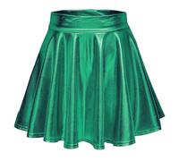 2026 - Gonna da pattinaggio da donna in metallo luccicante lucido svasato pieghettato skort a rete linea A, verde, L