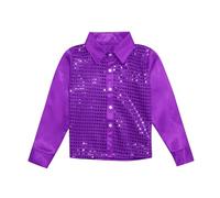 2026 Kids Girls Sparkly Sequins Dance Top Boys Manica Lunga Button Down Camicia per Jazz Performance Costume, Viola, 13-14 Anni