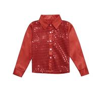 2026 Kids Girls Sparkly Sequins Dance Top Boys Manica Lunga Button Down Camicia per Jazz Performance Costume, Rosso, 9-10 Anni
