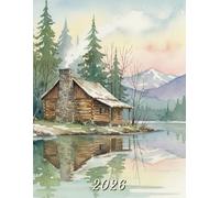 2026: Large Monthly Calendar Planner - Watercolor Cabin On A Lake In The Woods
